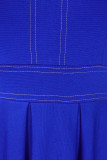 Vestidos casuais lisos em patchwork azul royal com decote em bico e linha A