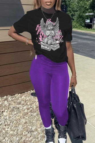 Black Purple Casual Print Pullovers O Neck Short Sleeve Two Pieces