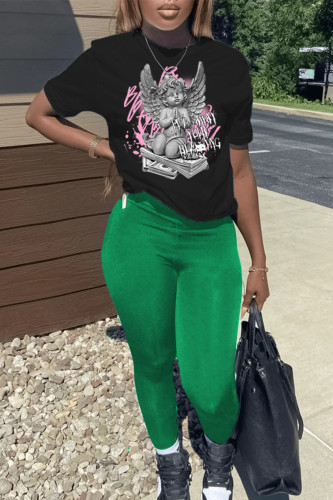 Black Green Casual Print Pullovers O Neck Short Sleeve Two Pieces
