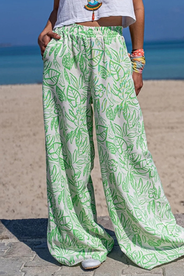 Зеленые повседневные свободные штаны в стиле пэчворк со средней посадкой и широкими штанинами, сплошной принт