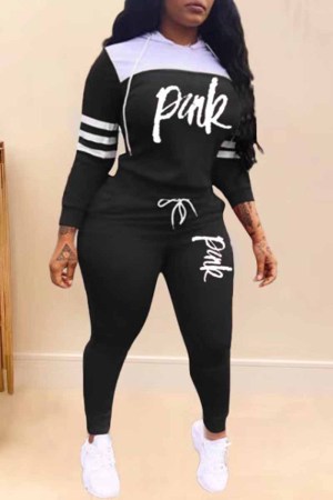 Black Casual Print Patchwork Letter Hooded Collar Long Sleeve Two Pieces