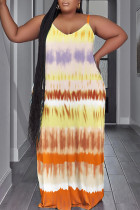 Orange Casual Print Backless Spaghetti Strap Long Dress Plus Size Dresses