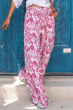 Rosafarbene, lässig bedruckte Patchwork-Hose mit lockerer mittlerer Taille und weitem Bein und vollem Druck