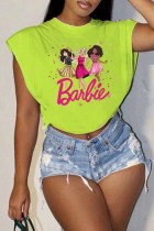 Light Green Street Character Print Letter O Neck Tops