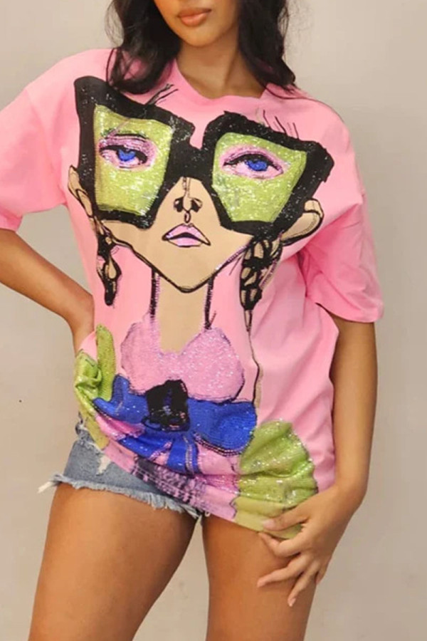 Rosa lässige Street-Print-Patchwork-Hot-Drill-T-Shirts mit O-Ausschnitt