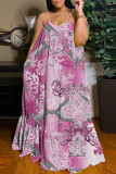 Светло-фиолетовое сексуальное повседневное длинное платье с открытой спиной и бретельками с принтом Платья