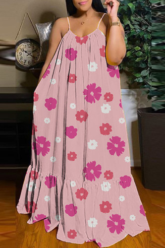 ピンク セクシー カジュアル プリント バックレス スパゲッティ ストラップ ロング ドレス ドレス