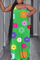グリーン カジュアル プリント バックレス スパゲッティ ストラップ ロング ドレス プラス サイズ ドレス
