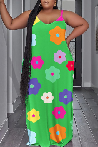 Green Casual Print Backless Spaghetti Strap Long Dress Plus Size Dresses