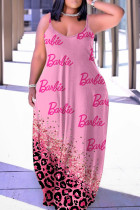 ローズピンクのセクシーなカジュアルプリントバックレススパゲッティストラップロングドレスドレス