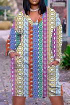 Multicolor Casual Print Basic V-Ausschnitt Langarm-Kleider