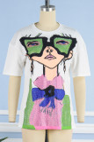 Rosa lässige Street-Print-Patchwork-Hot-Drill-T-Shirts mit O-Ausschnitt