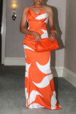 オレンジ セクシー デイリー エレガント シンプル 混合プリント プリント 非対称カラー ドレス