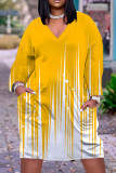 Желтые повседневные базовые платья с длинным рукавом с принтом и v-образным вырезом