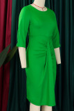 グリーン カジュアル ワーク ソリッド パッチワーク フォールド O ネック ワン ステップ スカート ドレス
