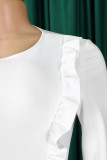 Vestidos de saia em um decote branco casual elegante patchwork sólido com ourela e decote