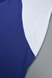 ブルーエレガントカラーランプバックレススリットコントラスト斜め襟ラップスカートドレス