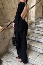 ブラック セクシー カジュアル ソリッド バックレス 非対称 V ネック ロング ドレス ドレス