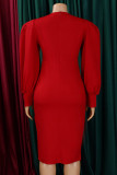 Red Elegant Solid Hollowed Out Patchwork Slit O Neck One Step Skirt Dresses