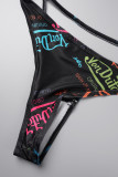 Fluorescent Green Sexy Letter Patchwork Fold Strap Design 3 Piece Sets
