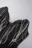 Zwarte elegante effen kwastjes patchwork rugloze strapless skinny rompertjes