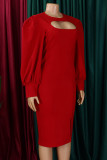Rojo elegante sólido ahuecado hacia fuera patchwork hendidura cuello redondo un paso falda vestidos