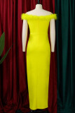 黄色のセクシーでエレガントなソリッド パッチワーク フェザー スリット オフ ショルダー イブニング ドレス ドレス