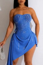 Blue Sexy Party Patchwork Hot Drilling Backless Strapless Irregular Dress Dresses