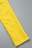 Capispalla gialla casual quotidiana tinta unita con perline con risvolto