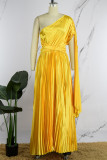 Golden Yellow Casual Solid Fold Oblique Collar Long Dress Dresses