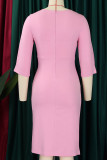 ピンク カジュアル ワーク ソリッド パッチワーク フォールド O ネック ワン ステップ スカート ドレス