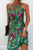 Чернильное зеленое повседневное платье с принтом и круглым вырезом без рукавов Платья Платья