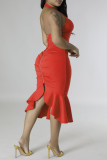 Красное сексуальное вечернее платье с открытой спиной и лямкой на шее