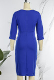 Royal Blue Casual Work Solid Patchwork Fold O Neck One Step Skirt Dresses