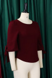 Burgund Casual Solid Patchwork O Neck Tops