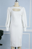 Weiße, elegante, einfarbige, ausgehöhlte Patchwork-Schlitz-Kleider mit O-Ausschnitt und einstufigem Rock