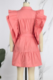 Tangerine Red Sweet Solid Patchwork Buttons Fold Turndown Collar A Line Dresses(With Belt)