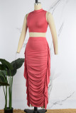 Rose Red Casual Solid Patchwork Fold Half A Turtleneck Sleeveless Two Pieces