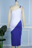 Robes de jupe enveloppée de col oblique de contraste de fente de dos nu de couleur élégante bleue