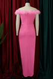 Розовые сексуальные элегантные однотонные лоскутные перья с разрезом на плече Вечернее платье Платья