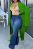 Green Casual Solid Tassel V Neck Outerwear