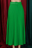 Зеленые повседневные однотонные лоскутные складки с поясом Свободные прямые однотонные штаны с высокой талией