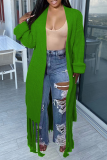 Casaco verde casual com borla sólida e decote em V