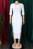 Vestidos de falda de un paso con cuello en O asimétrico de patchwork sólido casual blanco