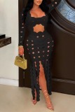 Черные сексуальные повседневные однотонные платья с кисточками и прозрачным квадратным воротником с длинным рукавом