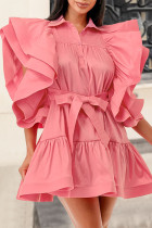 Pink Sweet Solid Patchwork Botones Fold Turndown Collar A Line Vestidos (con cinturón)