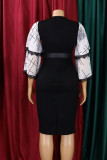 ブラック カジュアル ワーク ソリッド パッチワーク ベルト付き Oネック ワンステップ スカート ドレス