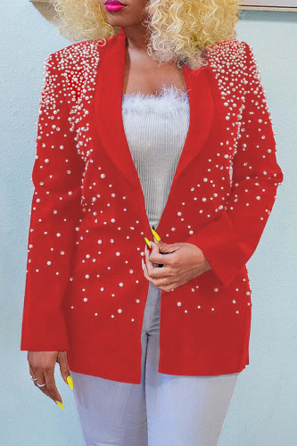 Vêtement d'extérieur décontracté solide patchwork perles col rabattu rouge