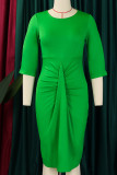 Vestidos de falda de un paso con cuello redondo y pliegues de patchwork sólido de trabajo casual verde