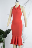 Красное сексуальное вечернее платье с открытой спиной и лямкой на шее